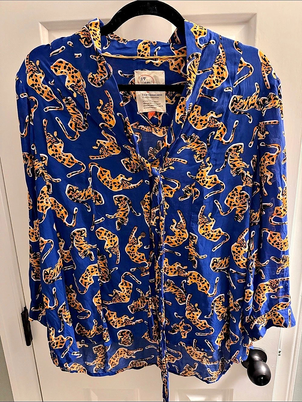 Conversations by Anthropologie Colloquial Neck-Tie Blouse (Literal Leopard) Blue